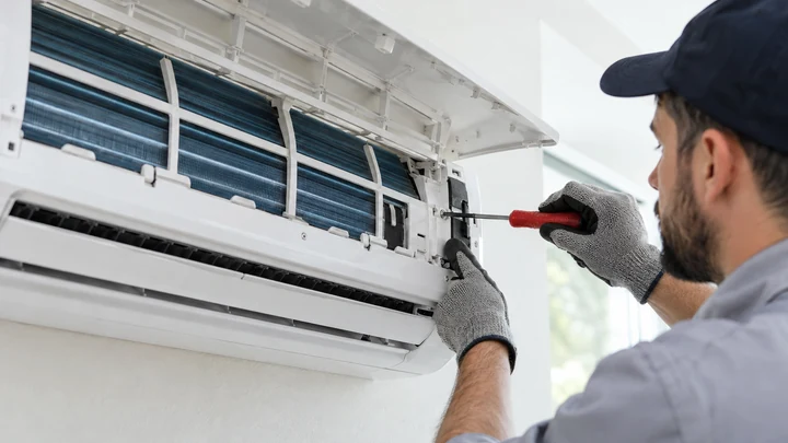 HVAC technician servicing a wall-mounted air conditioner with a screwdriver